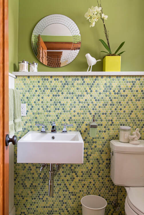 Green Powder Room With Colorful Penny Tile